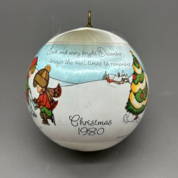 Joan Walsh Anglund Christmas Ornament 1980 Satin Ball Ice Skaters Winter Scene - Picture 3 of 11